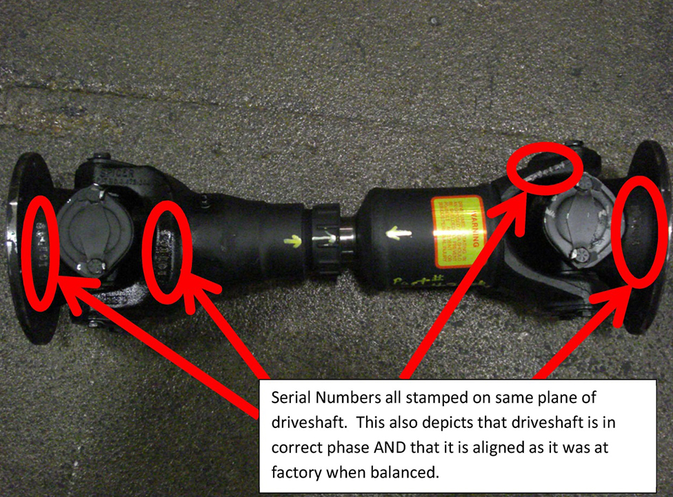 Image highlighting the serial numbers on stamped on the same plane of driveshaft.